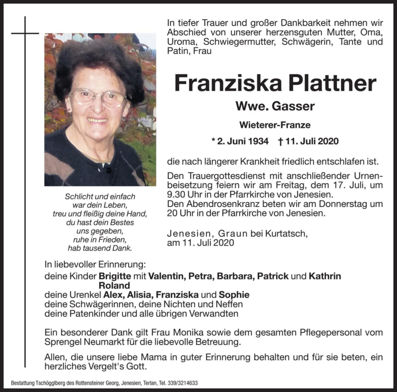  Traueranzeige für Franziska Gasser vom 15.07.2020 aus Dolomiten