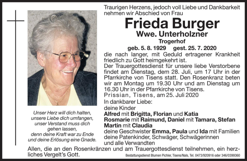  Traueranzeige für Frieda Unterholzner vom 27.07.2020 aus Dolomiten