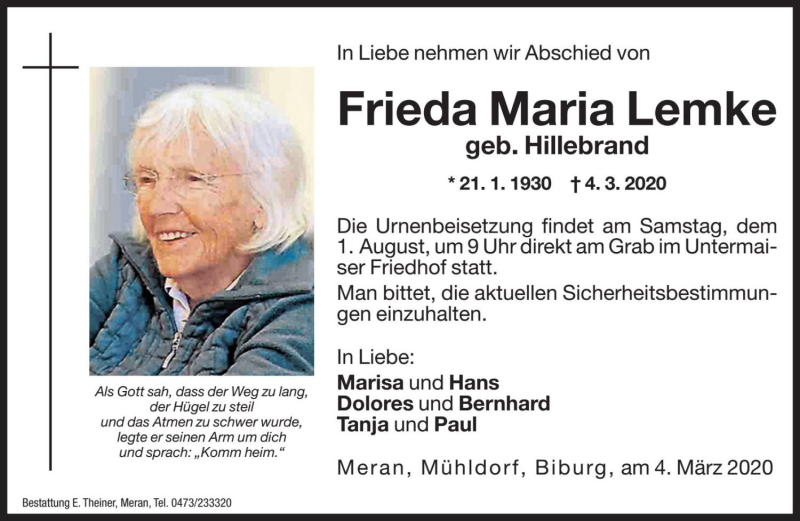  Traueranzeige für Frieda Maria Lemke vom 31.07.2020 aus Dolomiten