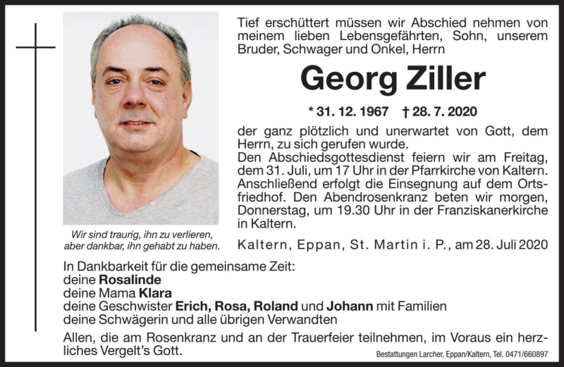  Traueranzeige für Georg Ziller vom 29.07.2020 aus Dolomiten