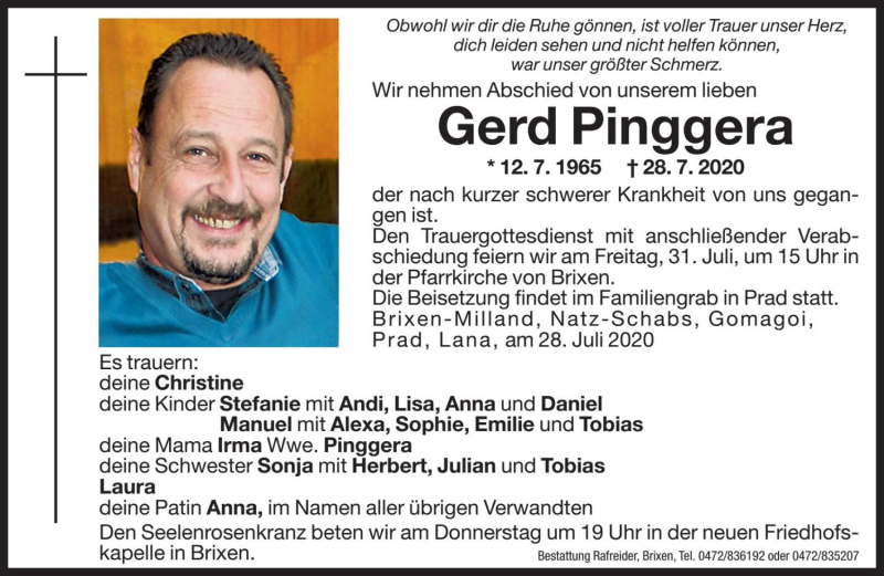  Traueranzeige für Gerd Pinggera vom 30.07.2020 aus Dolomiten