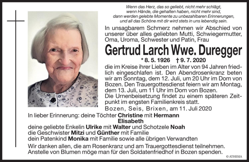  Traueranzeige für Gertrud Duregger vom 11.07.2020 aus Dolomiten