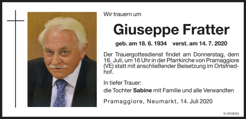  Traueranzeige für Giuseppe Fratter vom 15.07.2020 aus Dolomiten