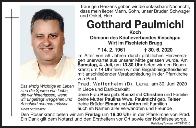  Traueranzeige für Gotthard Paulmichl vom 03.07.2020 aus Dolomiten