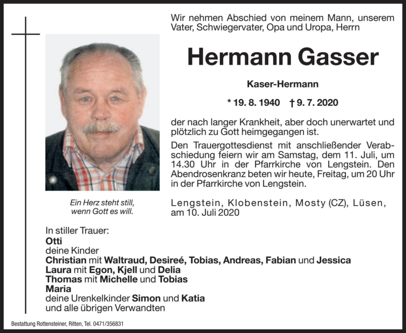  Traueranzeige für Hermann Gasser vom 10.07.2020 aus Dolomiten