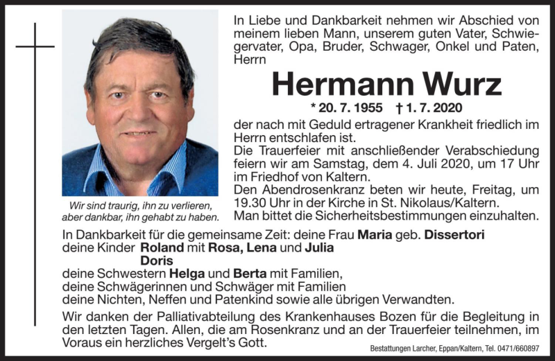  Traueranzeige für Hermann Wurz vom 03.07.2020 aus Dolomiten
