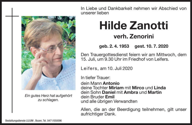  Traueranzeige für Hilde Zenorini vom 13.07.2020 aus Dolomiten