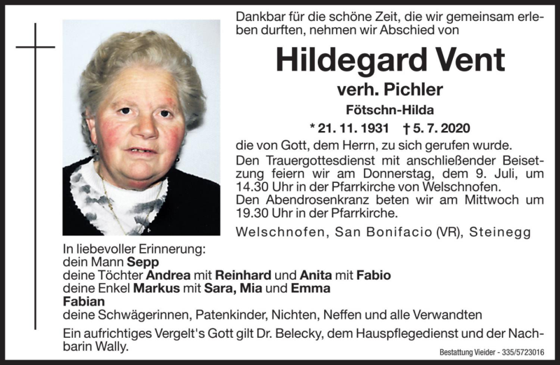  Traueranzeige für Hildegard Pichler vom 07.07.2020 aus Dolomiten