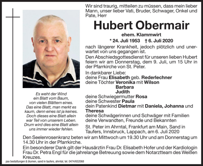  Traueranzeige für Hubert Obermair vom 08.07.2020 aus Dolomiten