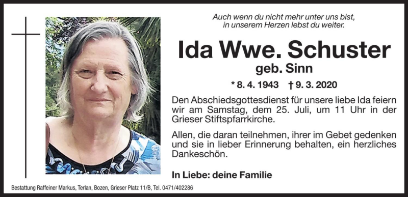  Traueranzeige für Ida Schuster vom 24.07.2020 aus Dolomiten