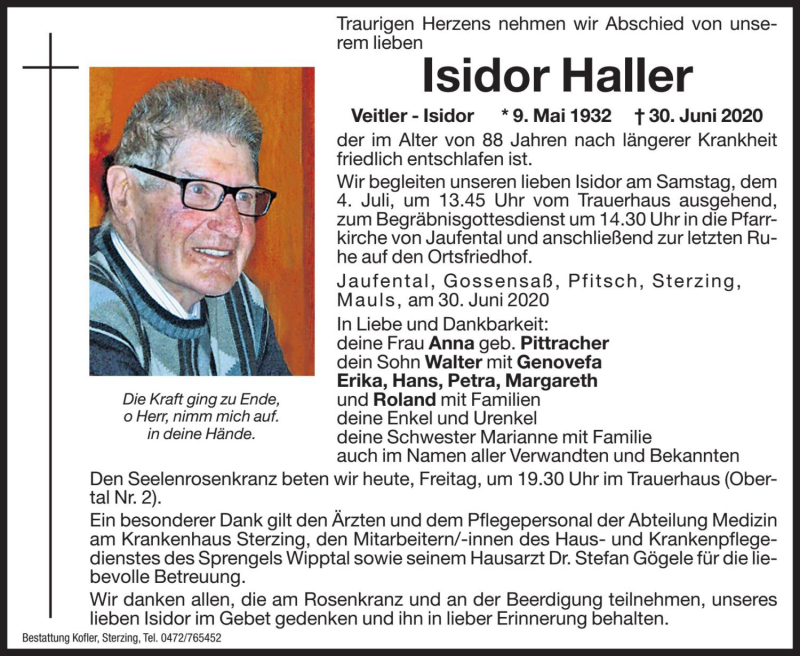  Traueranzeige für Isidor Haller vom 03.07.2020 aus Dolomiten