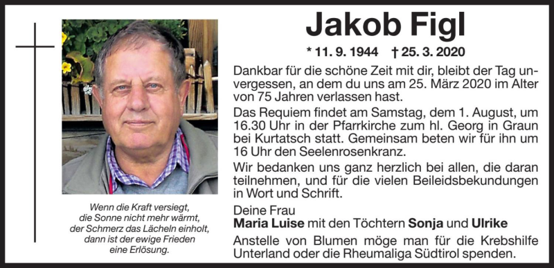  Traueranzeige für Jakob Figl vom 31.07.2020 aus Dolomiten