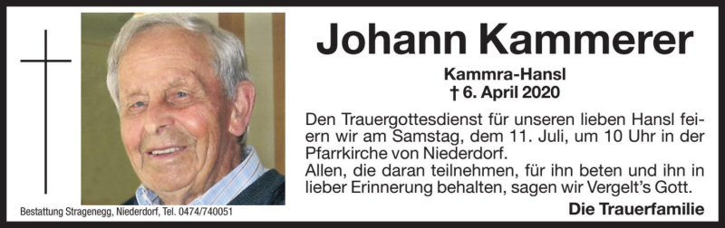  Traueranzeige für Johann Kammerer vom 10.07.2020 aus Dolomiten