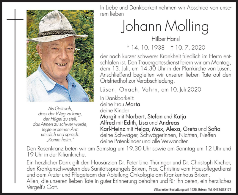  Traueranzeige für Johann Molling vom 11.07.2020 aus Dolomiten