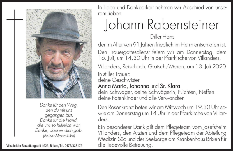  Traueranzeige für Johann Rabensteiner vom 15.07.2020 aus Dolomiten