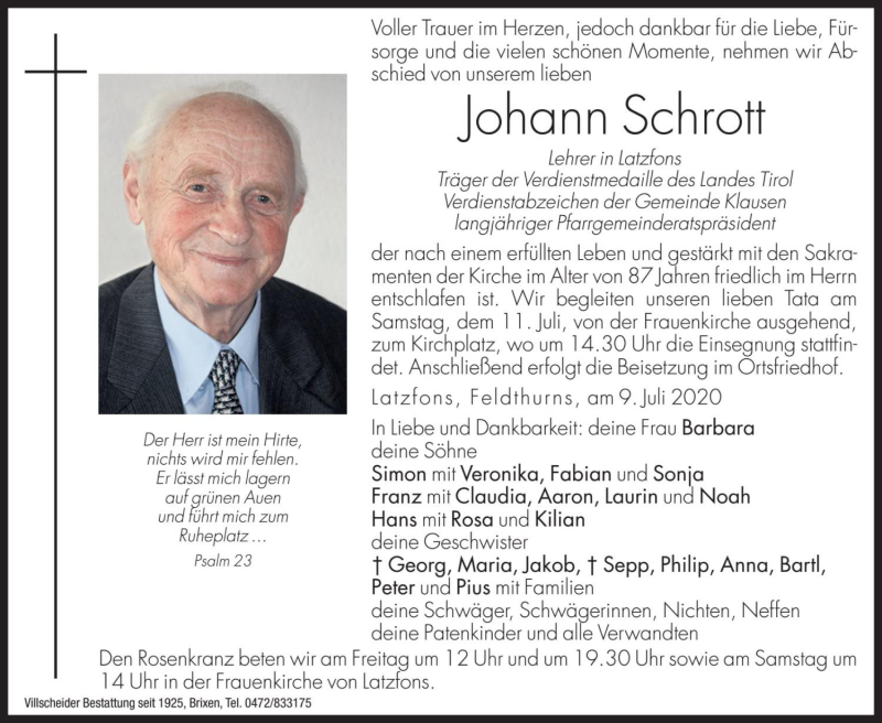  Traueranzeige für Johann Schrott vom 10.07.2020 aus Dolomiten