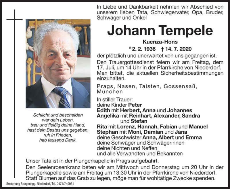  Traueranzeige für Johann Tempele vom 15.07.2020 aus Dolomiten