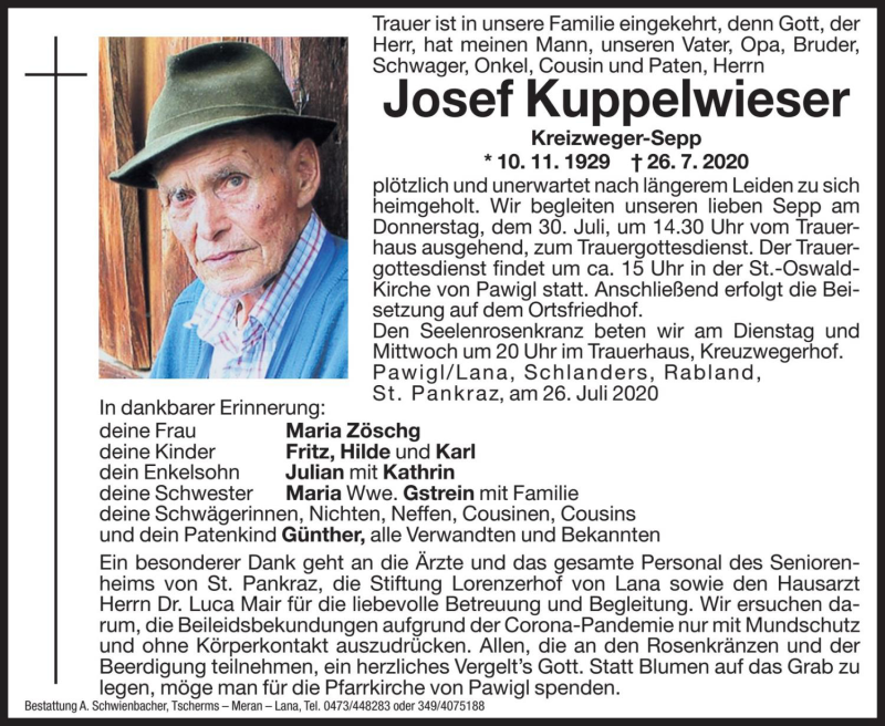  Traueranzeige für Josef Kuppelwieser vom 28.07.2020 aus Dolomiten