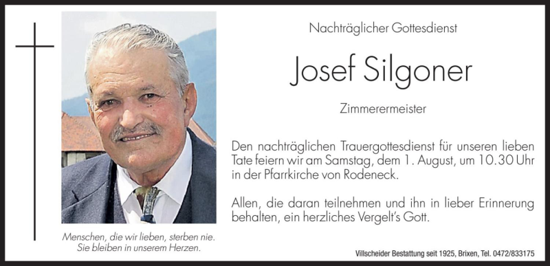  Traueranzeige für Josef Silgoner vom 31.07.2020 aus Dolomiten