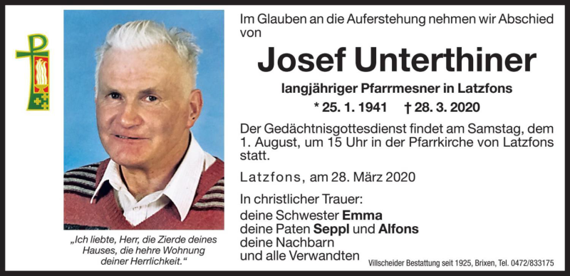 Traueranzeige für Josef Unterthiner vom 31.07.2020 aus Dolomiten