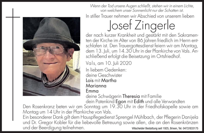  Traueranzeige für Josef Zingerle vom 11.07.2020 aus Dolomiten