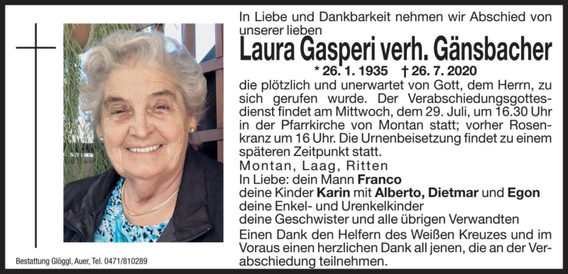  Traueranzeige für Laura Gänsbacher vom 28.07.2020 aus Dolomiten