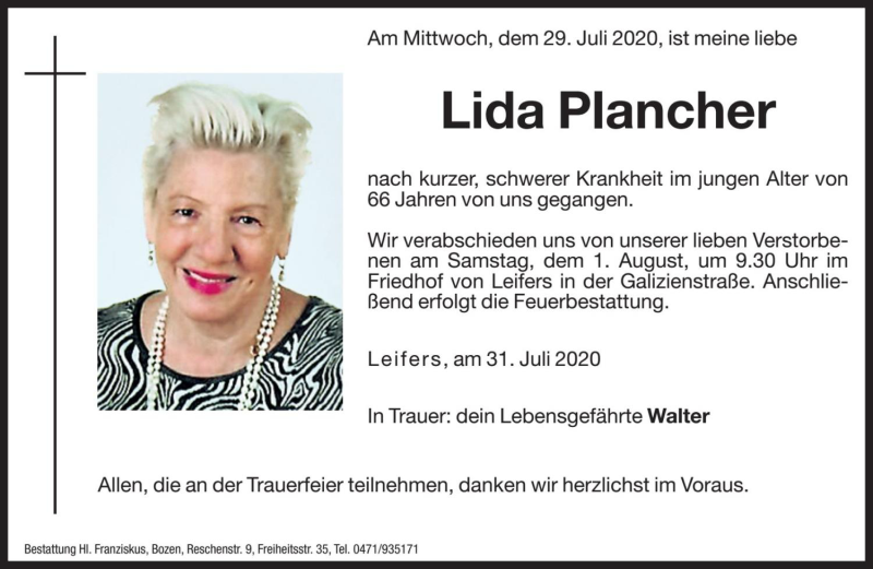  Traueranzeige für Lida Plancher vom 31.07.2020 aus Dolomiten