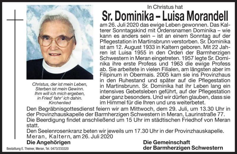  Traueranzeige für Luisa Morandell vom 27.07.2020 aus Dolomiten