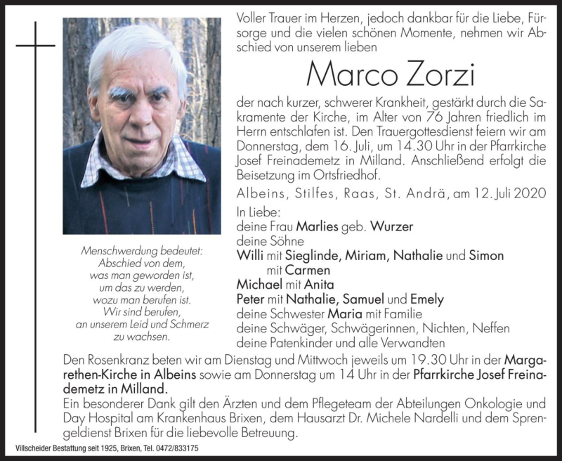 Traueranzeige für Marco Zorzi vom 14.07.2020 aus Dolomiten
