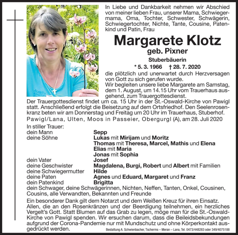  Traueranzeige für Margarete Klotz vom 30.07.2020 aus Dolomiten
