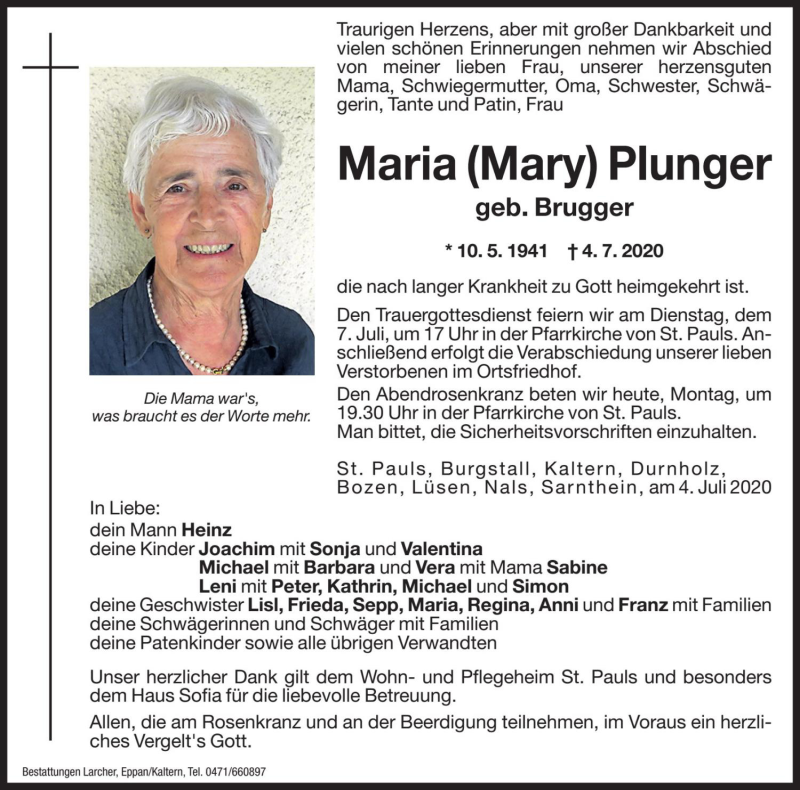  Traueranzeige für Maria Plunger vom 06.07.2020 aus Dolomiten