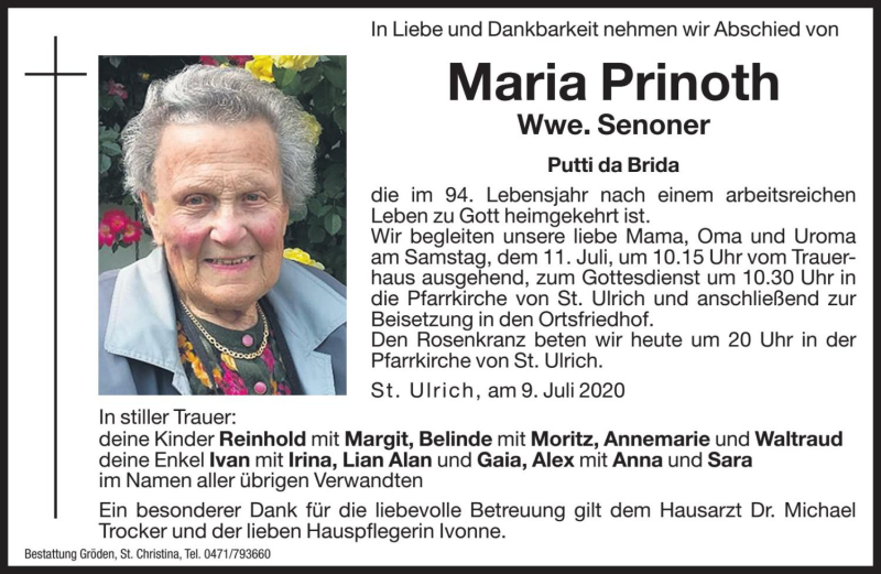  Traueranzeige für Maria Senoner vom 10.07.2020 aus Dolomiten