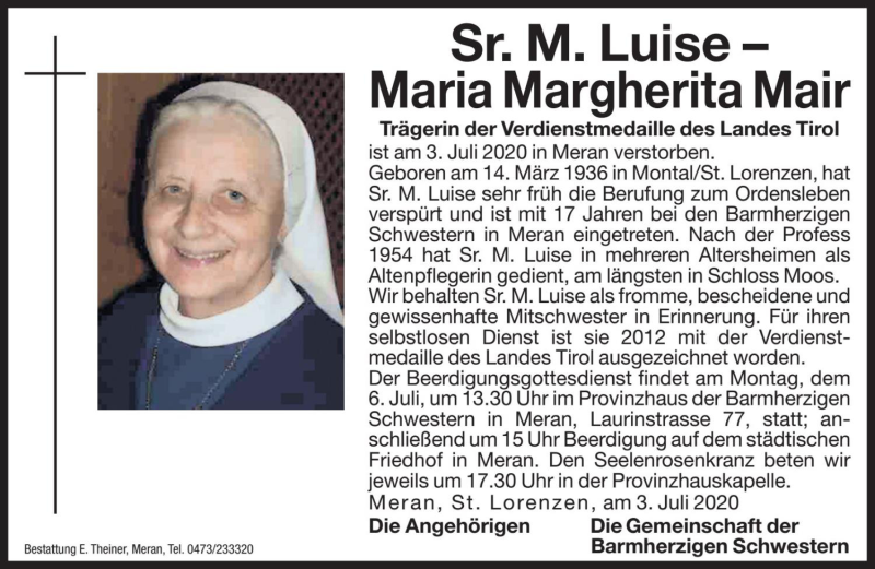  Traueranzeige für Maria Margherita Mair vom 04.07.2020 aus Dolomiten