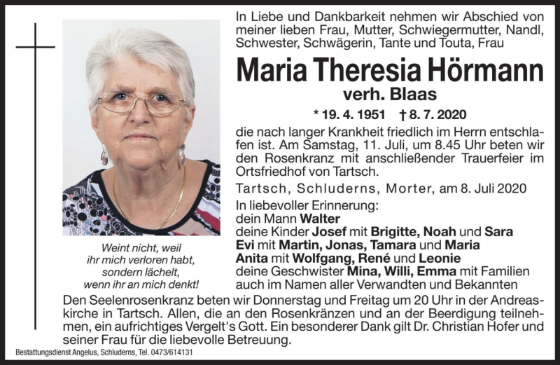  Traueranzeige für Maria Theresia Blaas vom 09.07.2020 aus Dolomiten