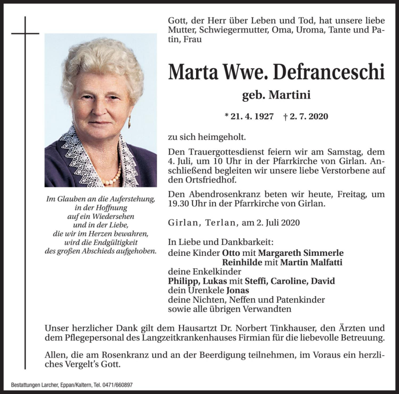  Traueranzeige für Marta Defranceschi vom 03.07.2020 aus Dolomiten