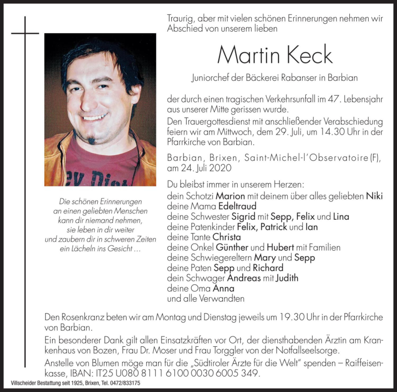  Traueranzeige für Martin Keck vom 27.07.2020 aus Dolomiten