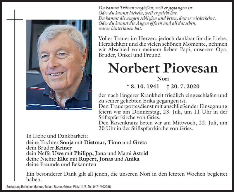  Traueranzeige für Norbert Piovesan vom 21.07.2020 aus Dolomiten