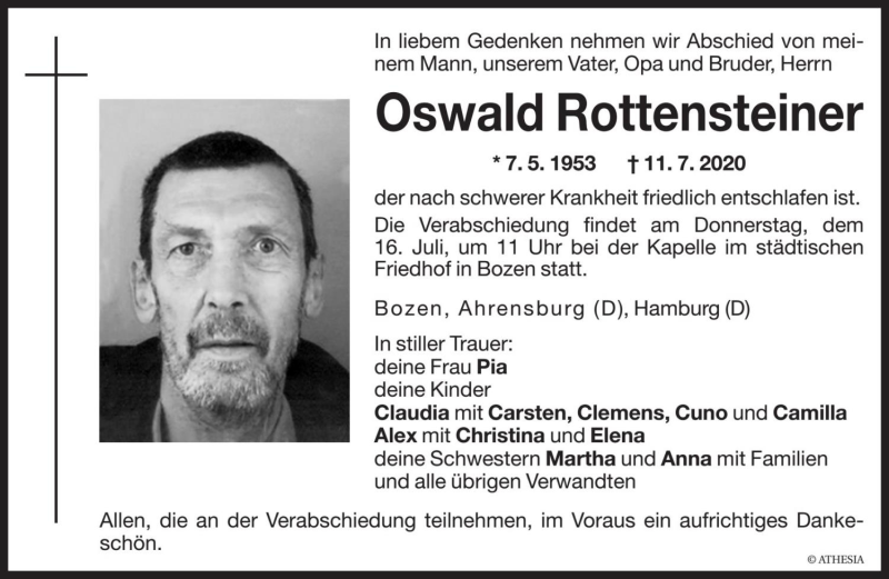  Traueranzeige für Oswald Rottensteiner vom 15.07.2020 aus Dolomiten