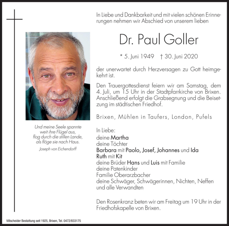  Traueranzeige für Paul Goller vom 02.07.2020 aus Dolomiten