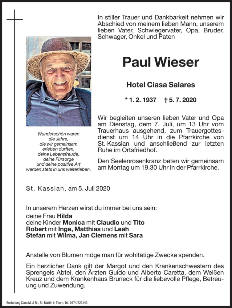  Traueranzeige für Paul Wieser vom 06.07.2020 aus Dolomiten