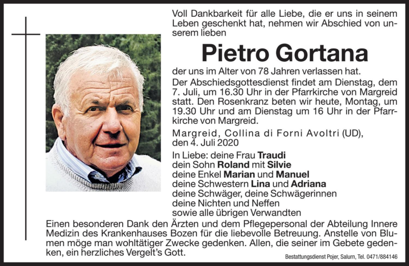  Traueranzeige für Pietro Gortana vom 06.07.2020 aus Dolomiten