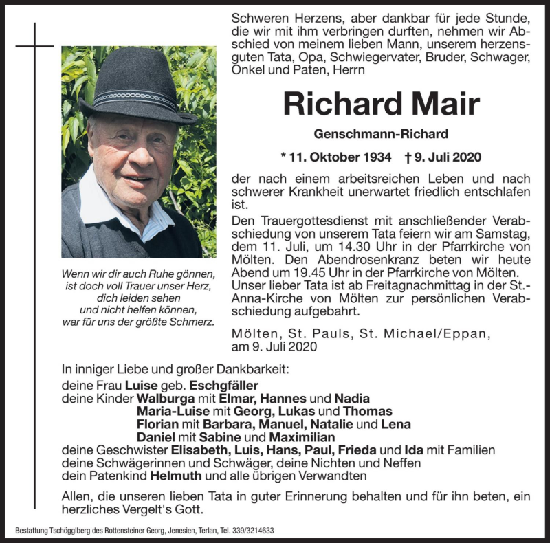  Traueranzeige für Richard Mair vom 10.07.2020 aus Dolomiten
