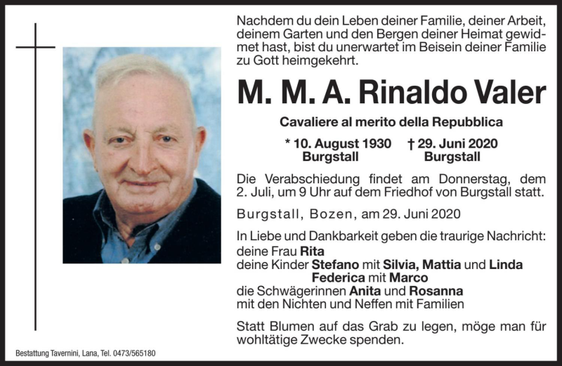  Traueranzeige für Rinaldo Valer vom 01.07.2020 aus Dolomiten