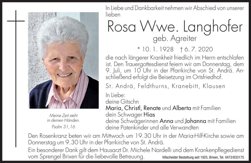  Traueranzeige für Rosa Langhofer vom 07.07.2020 aus Dolomiten