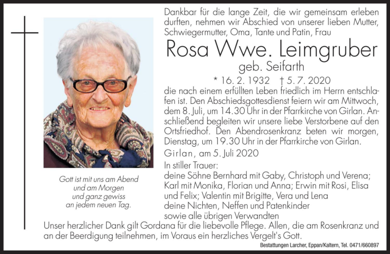  Traueranzeige für Rosa Leimgruber vom 06.07.2020 aus Dolomiten