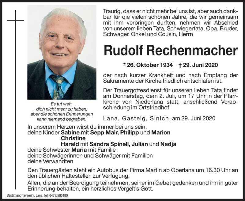  Traueranzeige für Rudolf Rechenmacher vom 01.07.2020 aus Dolomiten