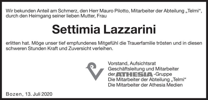  Traueranzeige für Settimia Lazzarini vom 14.07.2020 aus Dolomiten