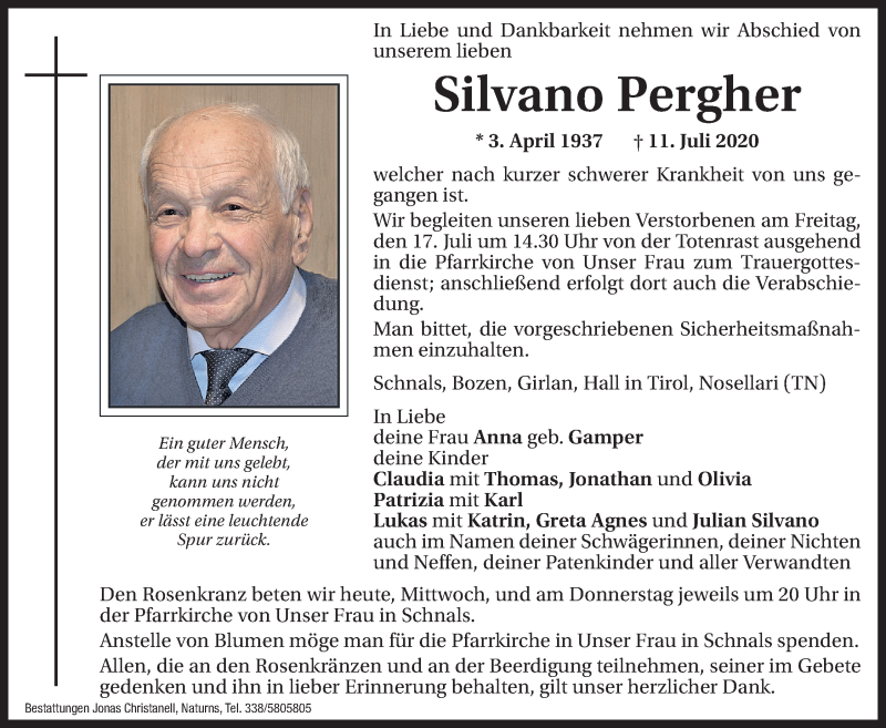  Traueranzeige für Silvano Pergher vom 15.07.2020 aus Dolomiten