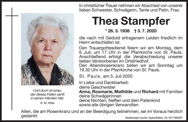  Traueranzeige für Thea Stampfer vom 04.07.2020 aus Dolomiten