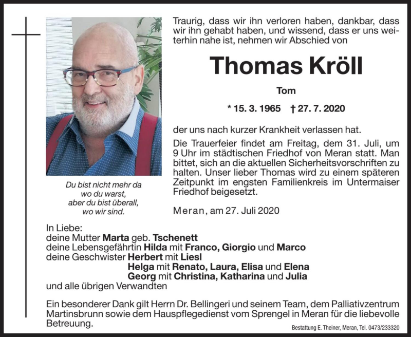  Traueranzeige für Thomas Kröll vom 29.07.2020 aus Dolomiten